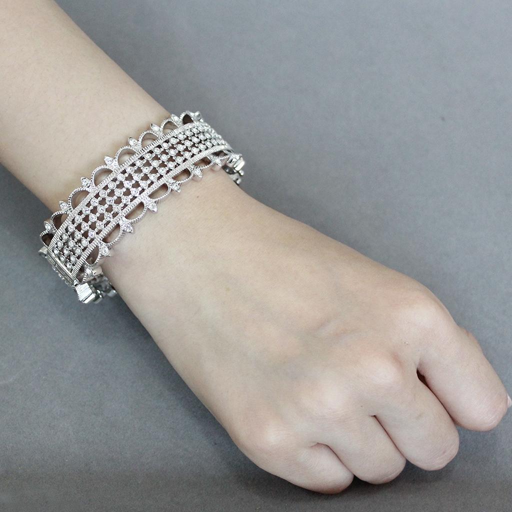 LO4346 - Rhodium Brass Bangle with Top Grade Crystal  in Clear-4
