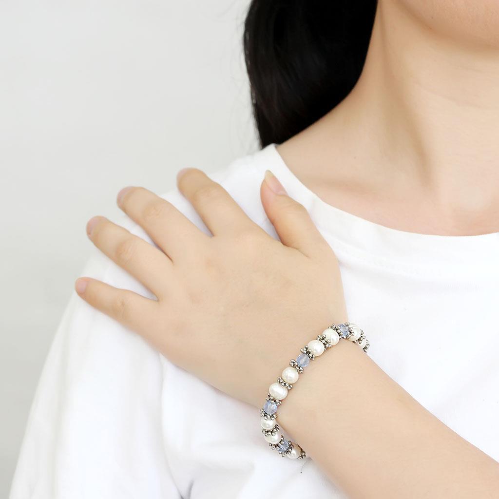 LO4652 - Antique Silver White Metal Bracelet with Synthetic Pearl in Sea Blue-2