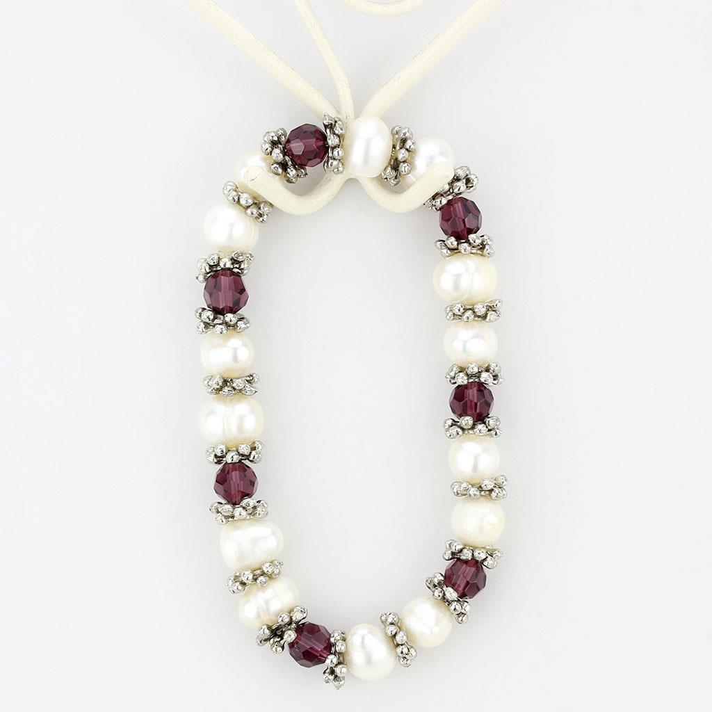 LO4654 - Antique Silver White Metal Bracelet with Synthetic Pearl in Fuchsia-1