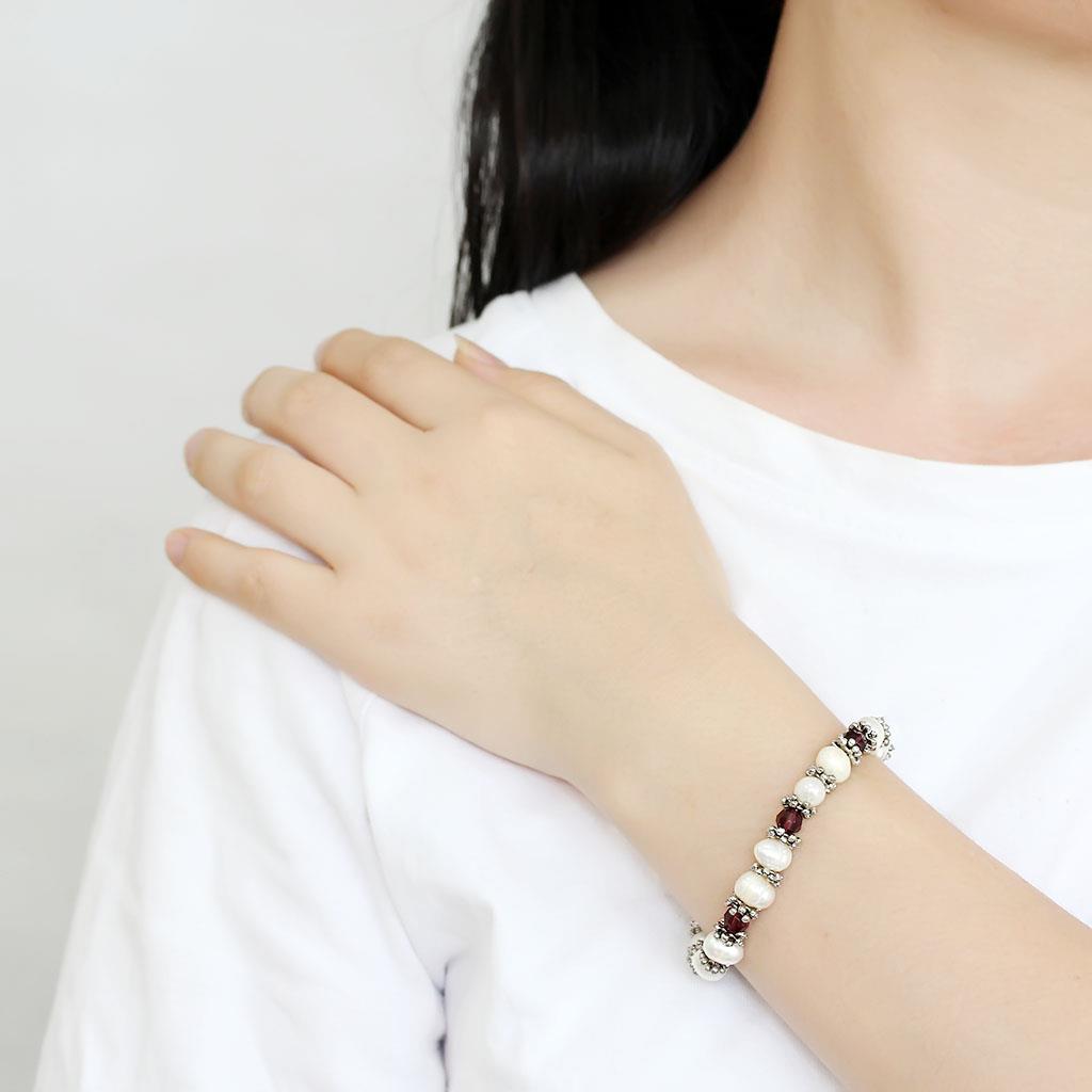 LO4654 - Antique Silver White Metal Bracelet with Synthetic Pearl in Fuchsia-2