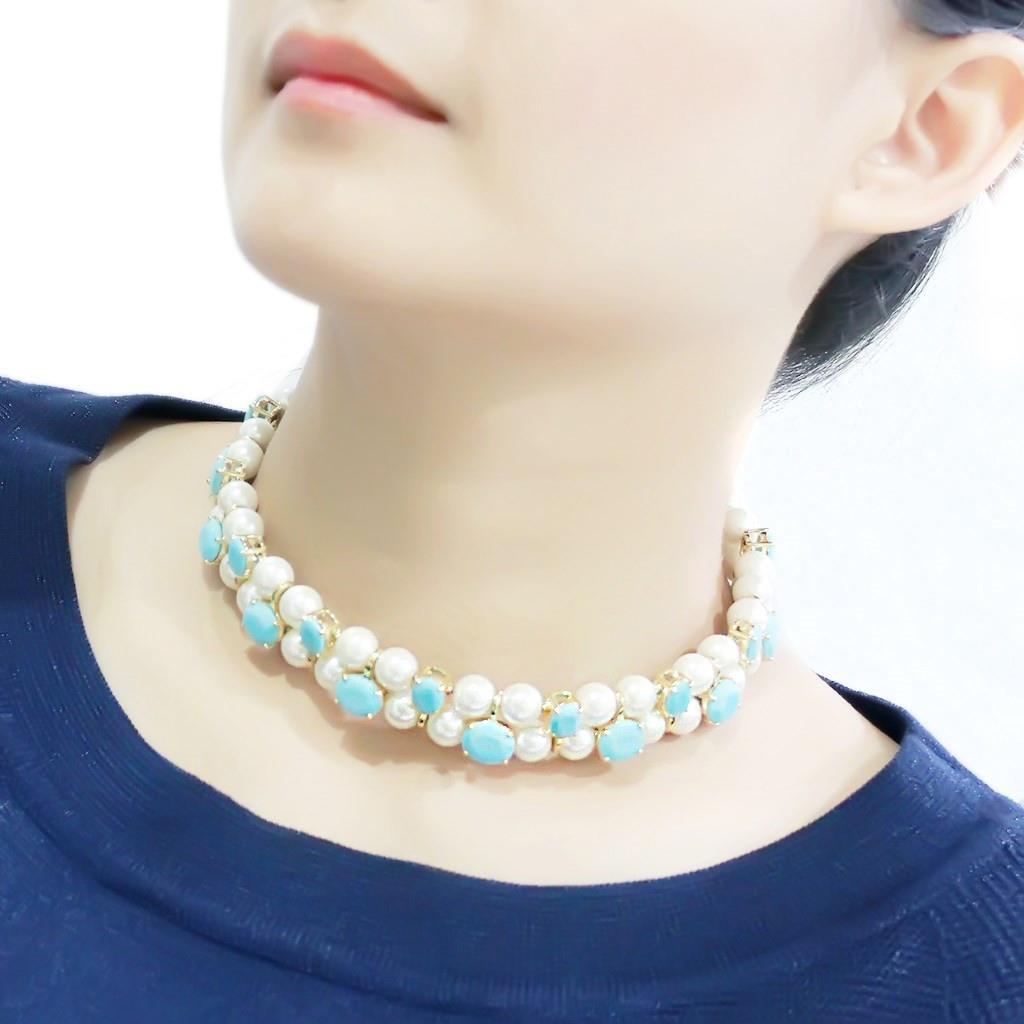 LO4661 - Gold Brass Necklace with Synthetic Glass Bead in White-2
