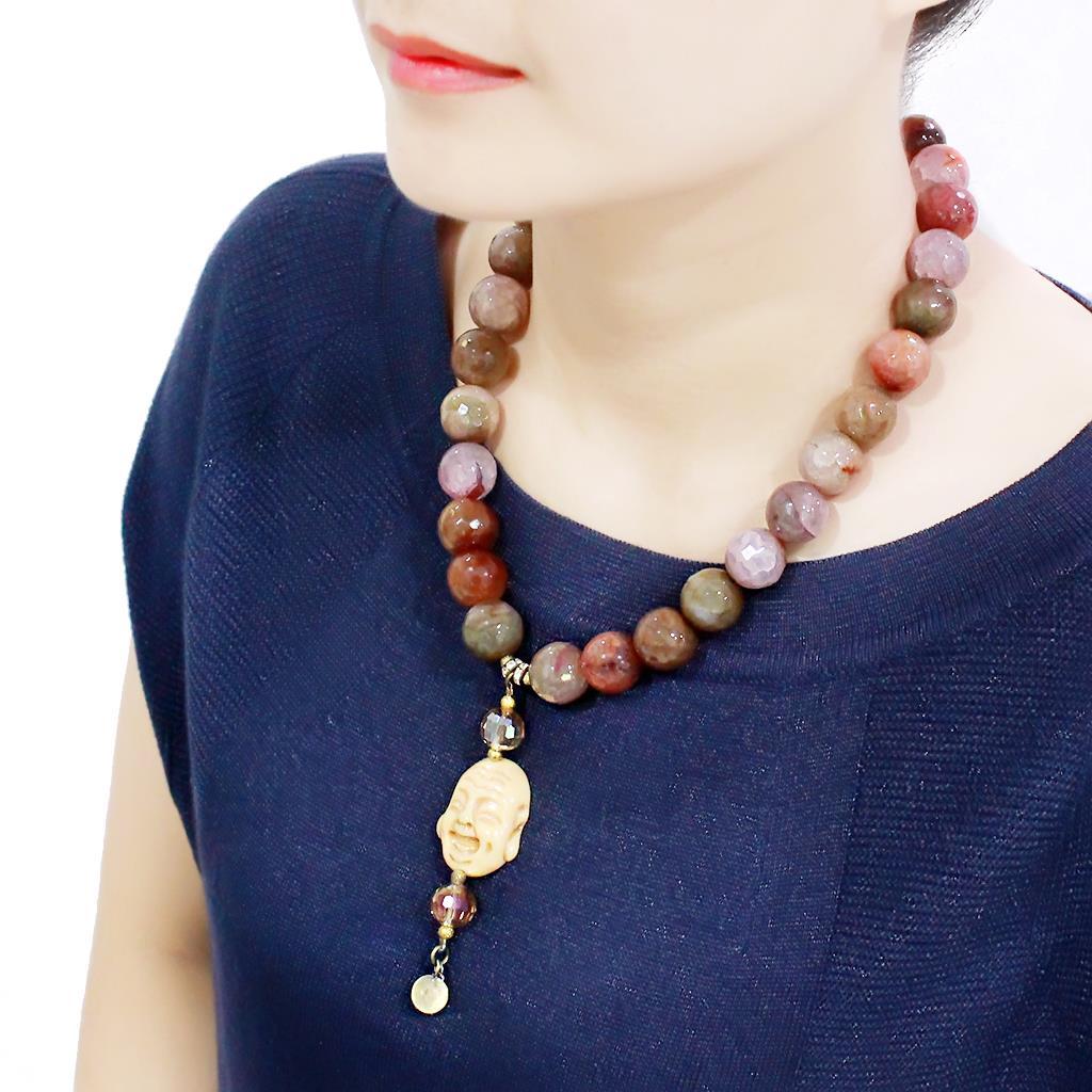 LO4663 - Antique Copper Brass Necklace with Semi-Precious Agate in Multi Color-2