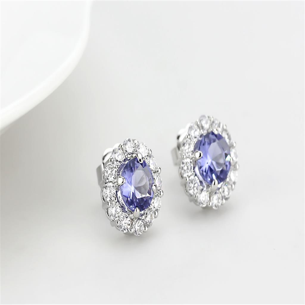 LO4674 - Rhodium Brass Earrings with Synthetic Synthetic Glass in Tanzanite-2