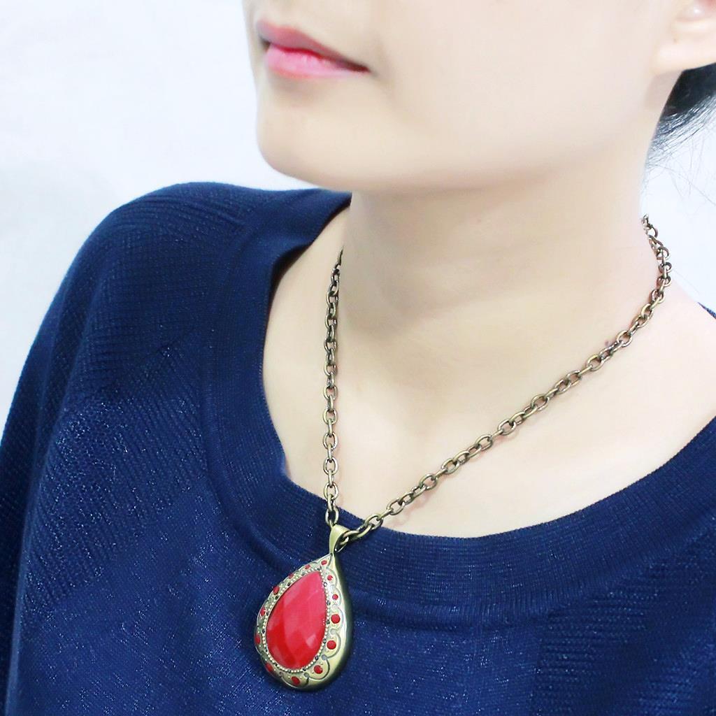 LO4686 - Antique Copper Brass Chain Pendant with Synthetic Synthetic Stone in Red Series-4