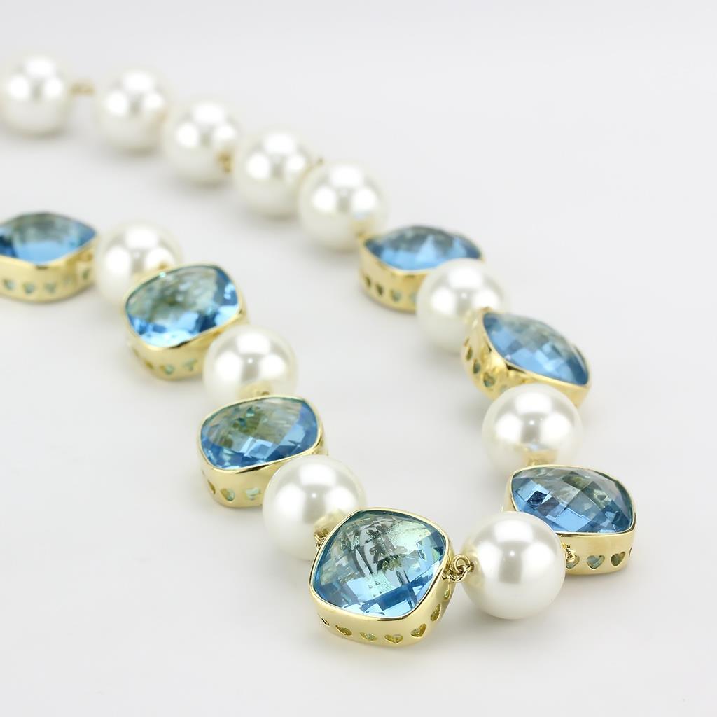 LO4706 - Gold Brass Necklace with Synthetic Synthetic Glass in Sea Blue-3