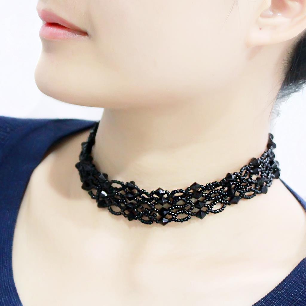 LO4718 - Rhodium Brass Necklace with Synthetic Synthetic Glass in Jet-3