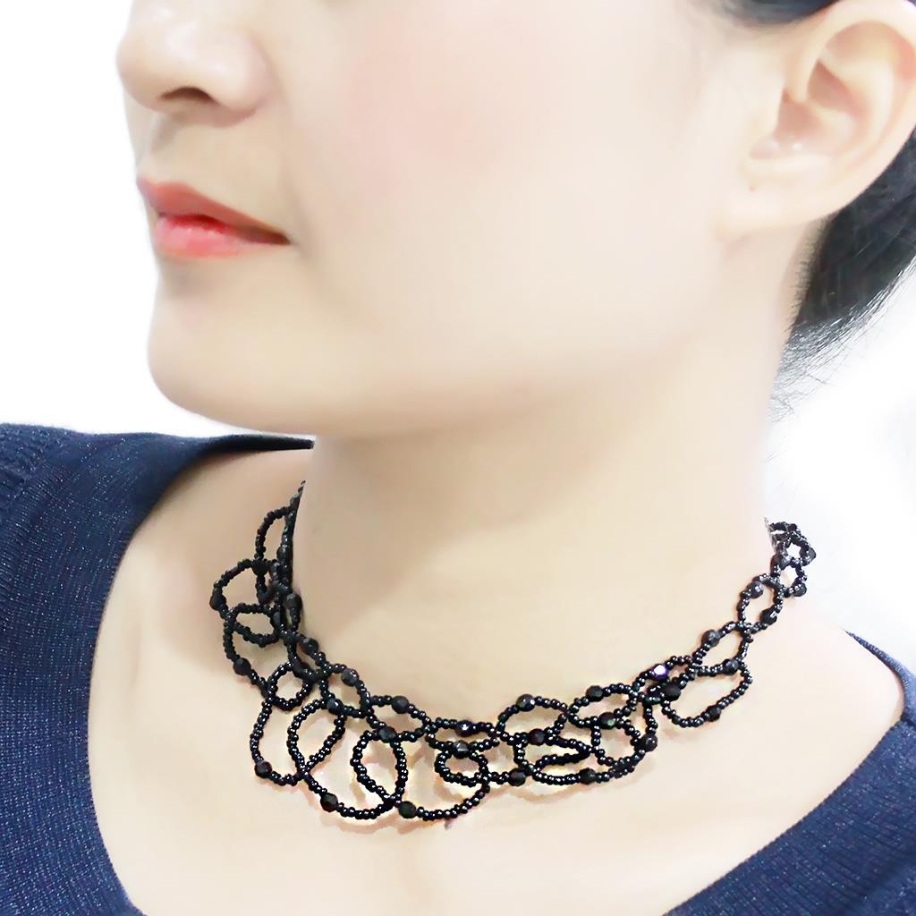 LO4721 - Rhodium Brass Necklace with Synthetic Synthetic Glass in Jet-3