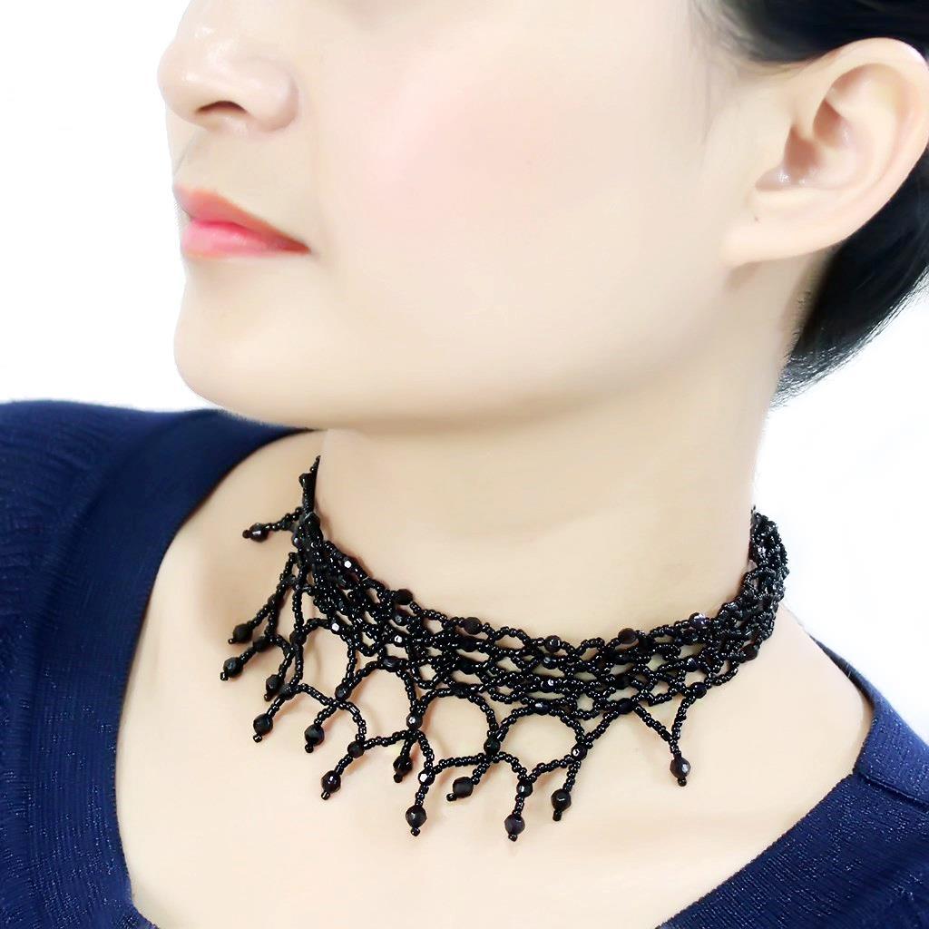 LO4722 - Rhodium Brass Necklace with Synthetic Synthetic Glass in Jet-3
