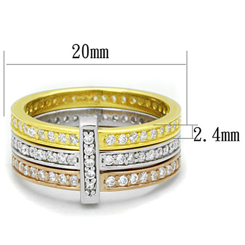 LOS811 - Rhodium + Gold + Rose Gold 925 Sterling Silver Ring with AAA Grade CZ  in Clear-1