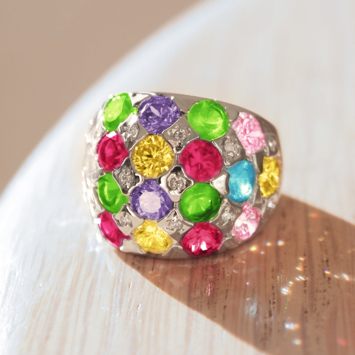 Leanna Cocktail Ring - Rhodium Brass, AAA CZ , Multi Color - 7X150-0