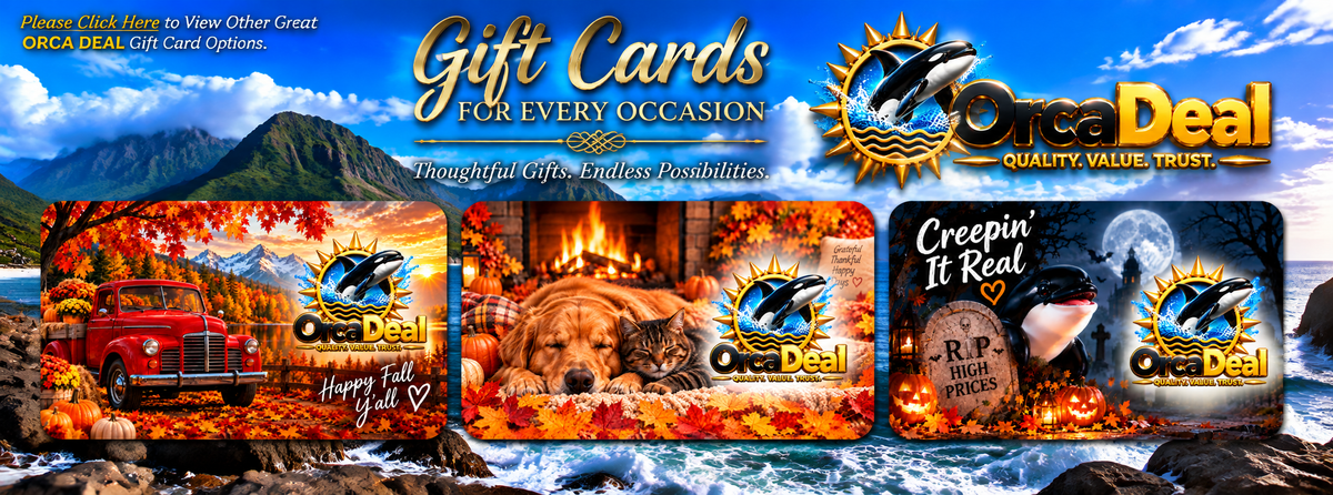 OrcaDeal Fall and Halloween gift card banner featuring seasonal gift cards with autumn leaves, pumpkins, a red vintage truck, cozy pets by a fireplace, Halloween decorations, ocean waves, mountains, and the OrcaDeal logo.