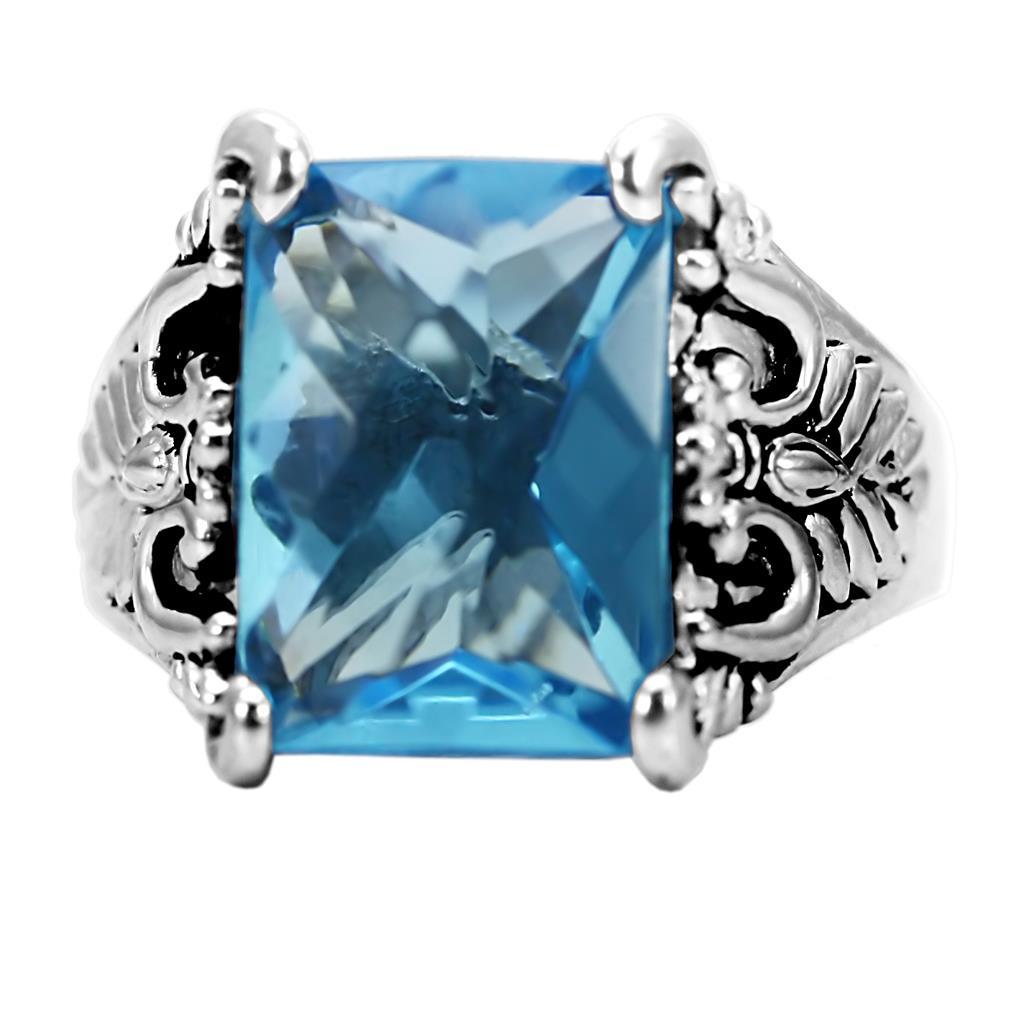 TK021 - High polished (no plating) Stainless Steel Ring with Synthetic Synthetic Glass in Sea Blue-2