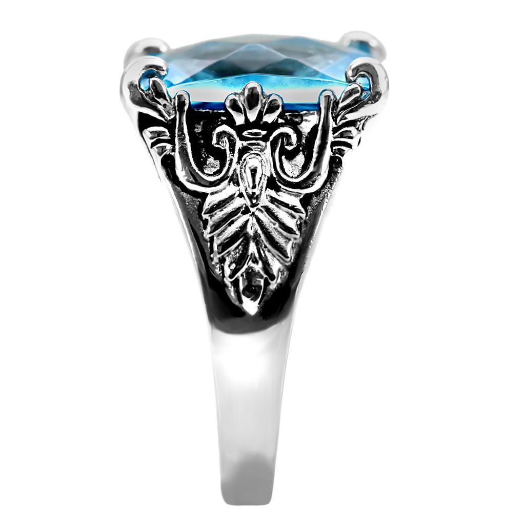 TK021 - High polished (no plating) Stainless Steel Ring with Synthetic Synthetic Glass in Sea Blue-4
