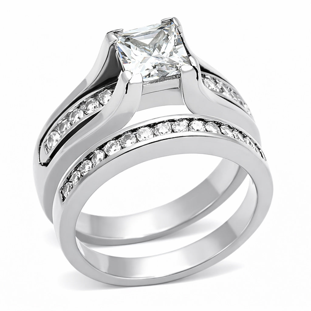 TK0W383 - High polished (no plating) Stainless Steel Ring with AAA Grade CZ  in Clear-0