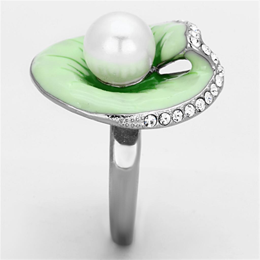 TK1171 - High polished (no plating) Stainless Steel Ring with Synthetic Pearl in White-3