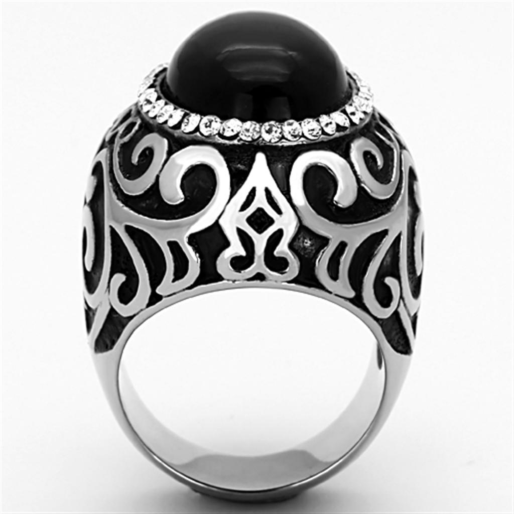 TK1211 - High polished (no plating) Stainless Steel Ring with Synthetic Cat Eye in Jet-2