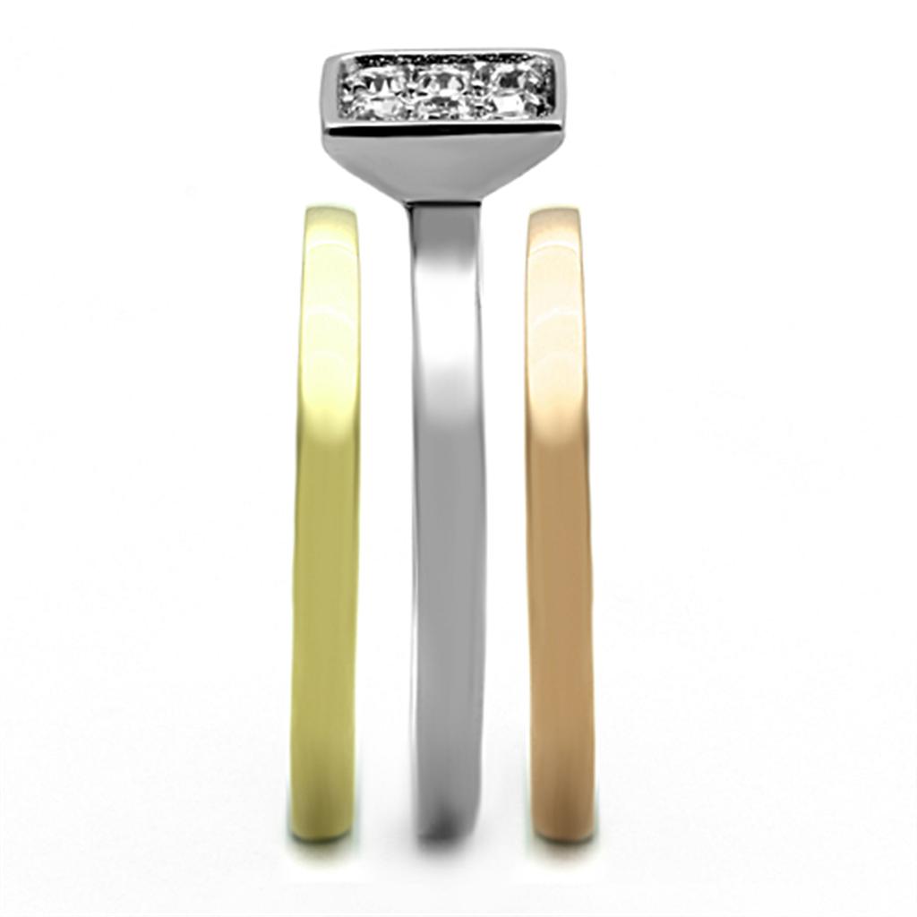 TK1277 - Three Tone (IP Gold & IP Rose Gold & High Polished) Stainless Steel Ring with Top Grade Crystal  in Clear-3