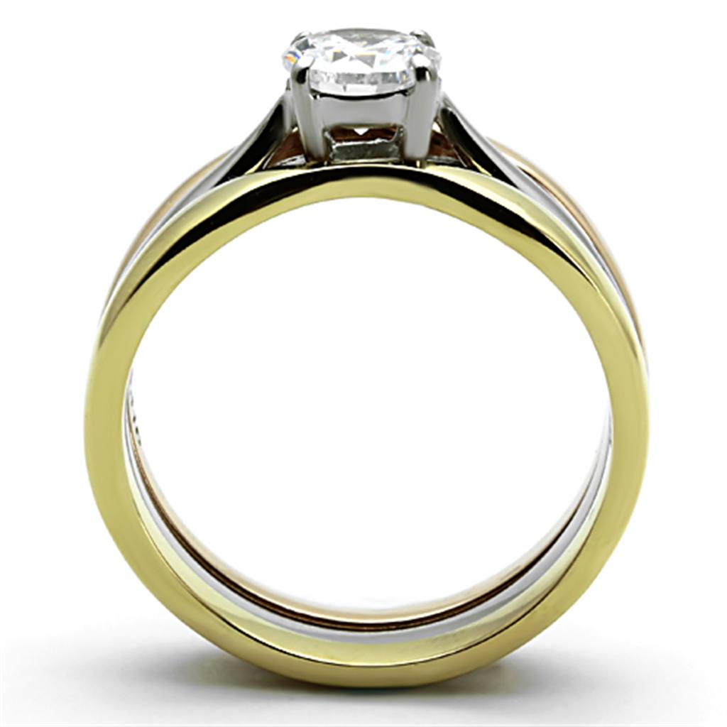 TK1278 - Three Tone (IP Gold & IP Rose Gold & High Polished) Stainless Steel Ring with AAA Grade CZ  in Clear-2