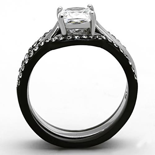 TK1343 - Two-Tone IP Black Stainless Steel Ring with AAA Grade CZ  in Clear-2