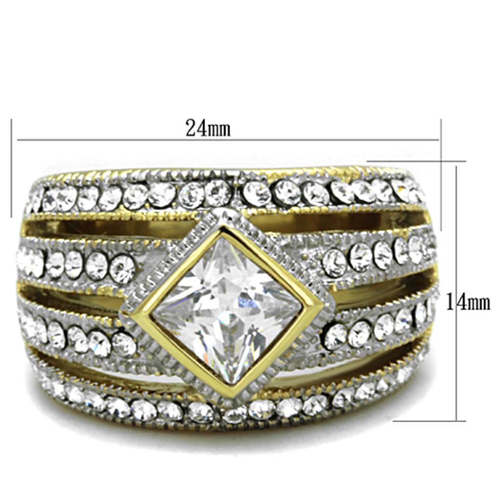 TK1551 - Two-Tone IP Gold (Ion Plating) Stainless Steel Ring with AAA Grade CZ  in Clear-1