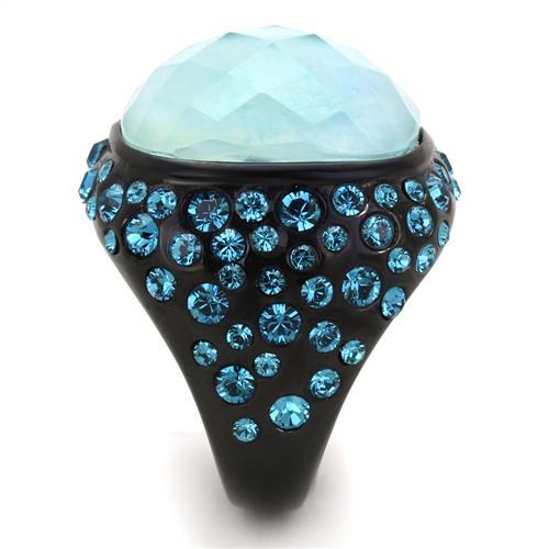 TK1617 - IP Black(Ion Plating) Stainless Steel Ring with Synthetic Synthetic Glass in Sea Blue-3