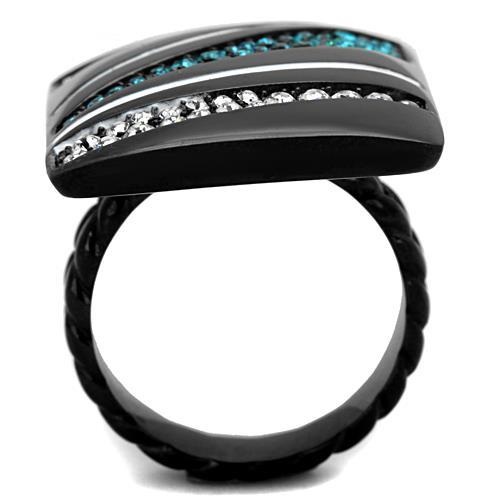 TK1736 - IP Black(Ion Plating) Stainless Steel Ring with Top Grade Crystal  in Blue Zircon-2