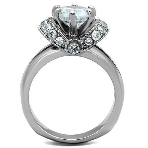 TK1757 - High polished (no plating) Stainless Steel Ring with AAA Grade CZ  in Clear-2