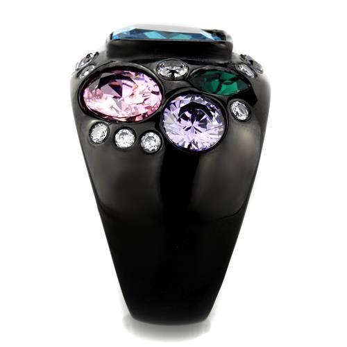 TK1790 - IP Black(Ion Plating) Stainless Steel Ring with AAA Grade CZ  in Sea Blue-3