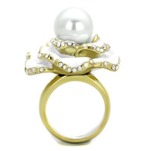 TK1847 - IP Gold(Ion Plating) Stainless Steel Ring with Synthetic Pearl in White-2