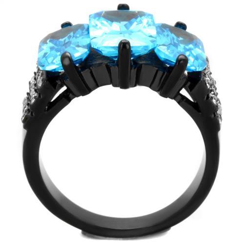 TK1866 - IP Black(Ion Plating) Stainless Steel Ring with AAA Grade CZ  in Sea Blue-2