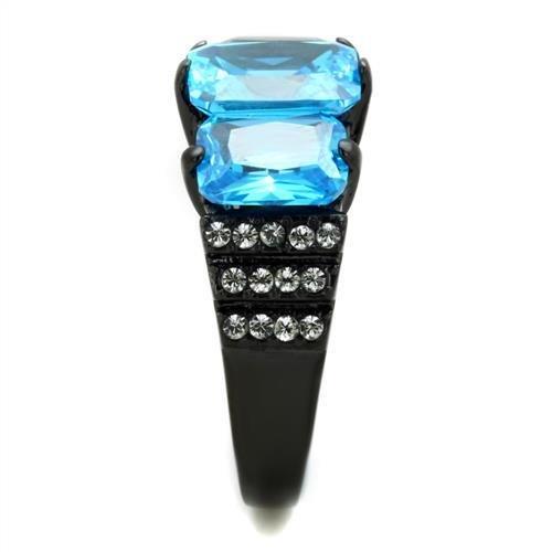 TK1866 - IP Black(Ion Plating) Stainless Steel Ring with AAA Grade CZ  in Sea Blue-3