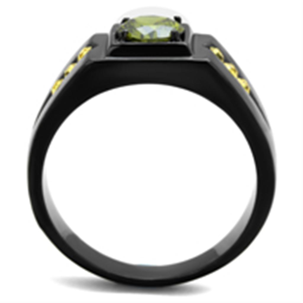 TK1928 - IP Black(Ion Plating) Stainless Steel Ring with AAA Grade CZ  in Olivine color-2