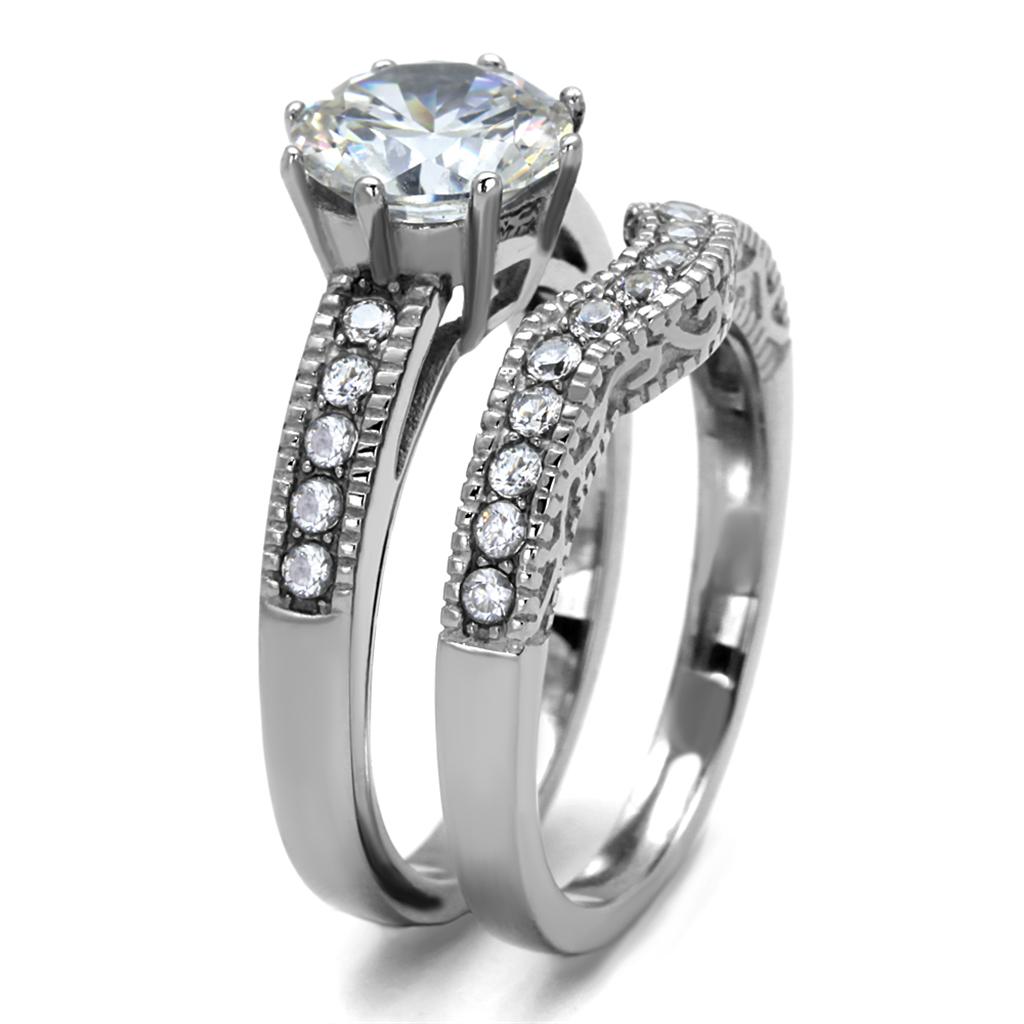 TK1W007 - High polished (no plating) Stainless Steel Ring with AAA Grade CZ  in Clear-3