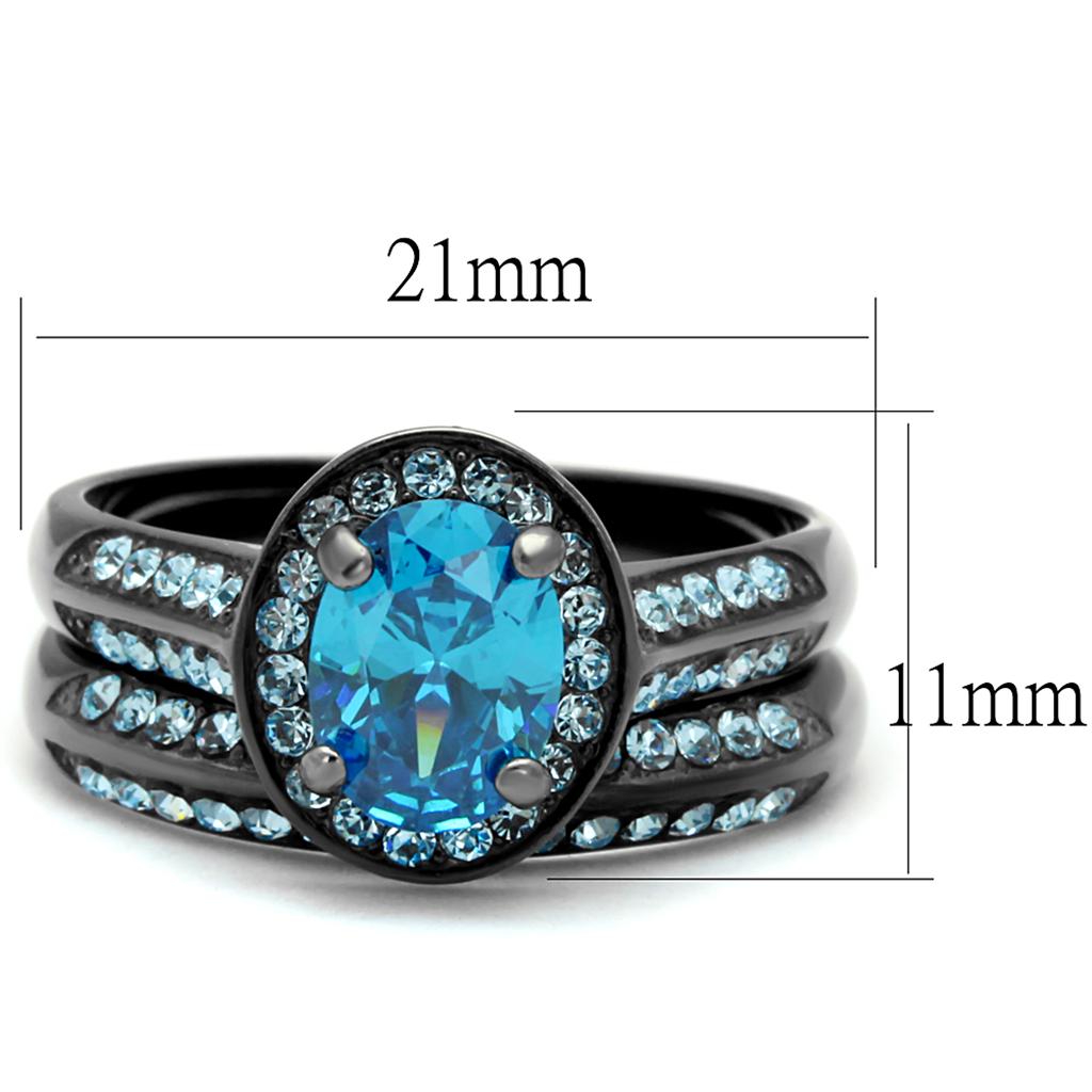 TK1W163LJ - IP Light Black  (IP Gun) Stainless Steel Ring with AAA Grade CZ  in Sea Blue-1