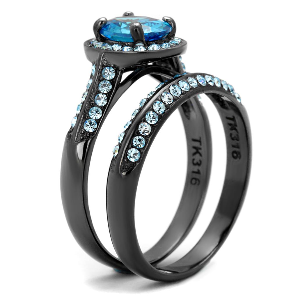 TK1W163LJ - IP Light Black  (IP Gun) Stainless Steel Ring with AAA Grade CZ  in Sea Blue-3