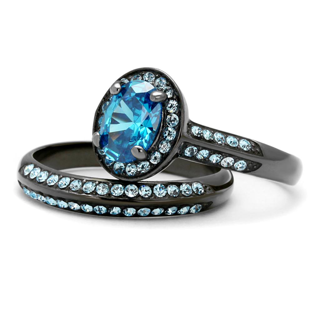 TK1W163LJ - IP Light Black  (IP Gun) Stainless Steel Ring with AAA Grade CZ  in Sea Blue-4