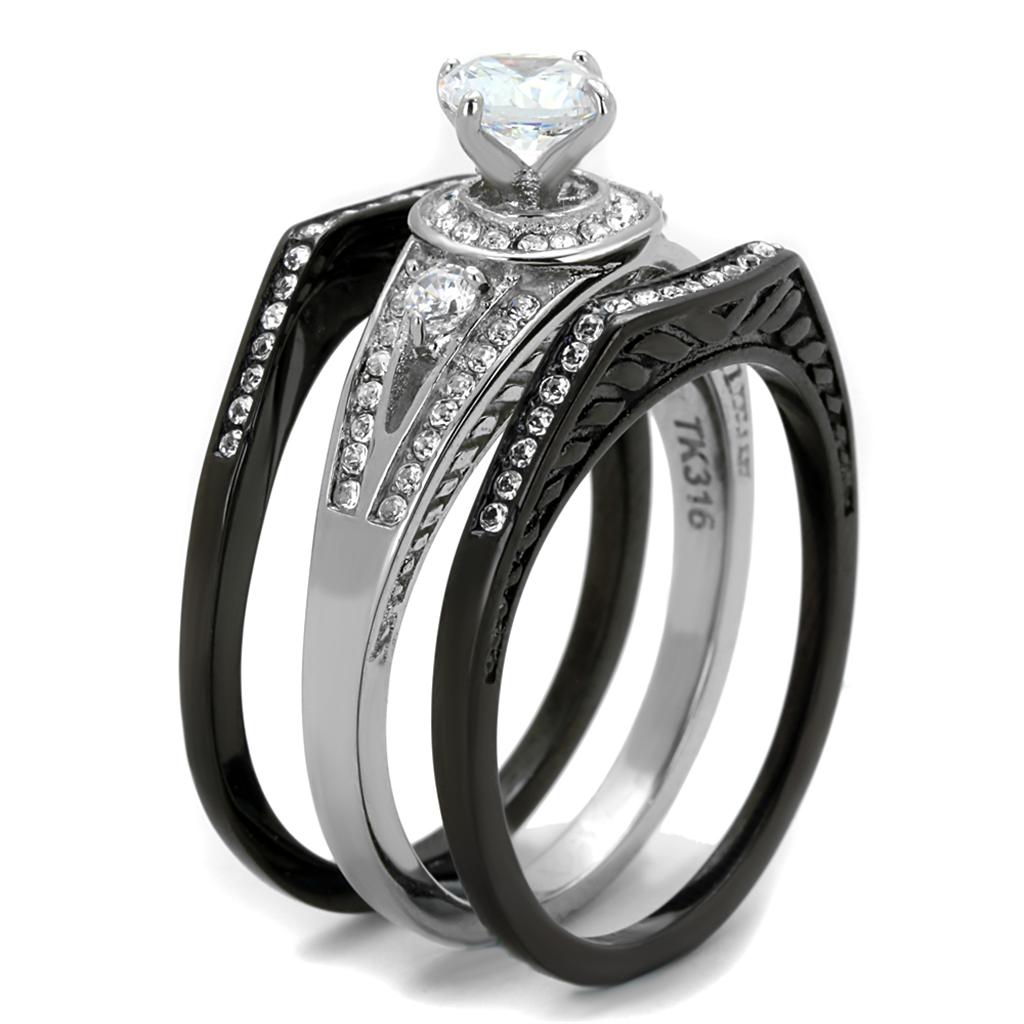 TK2044 - Two-Tone IP Black Stainless Steel Ring with AAA Grade CZ  in Clear-3