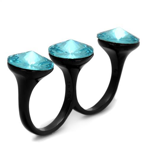 TK2103 - IP Black(Ion Plating) Stainless Steel Ring with Top Grade Crystal  in Sea Blue-3