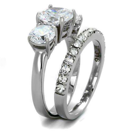 TK2177 - High polished (no plating) Stainless Steel Ring with AAA Grade CZ  in Clear-3