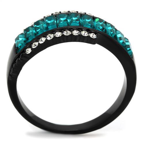 TK2190 - IP Black(Ion Plating) Stainless Steel Ring with Top Grade Crystal  in Blue Zircon-2