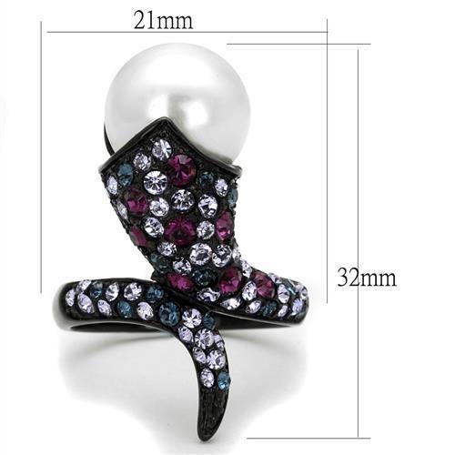 TK2203 - IP Black(Ion Plating) Stainless Steel Ring with Synthetic Pearl in White-1
