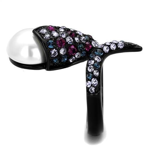 TK2203 - IP Black(Ion Plating) Stainless Steel Ring with Synthetic Pearl in White-3