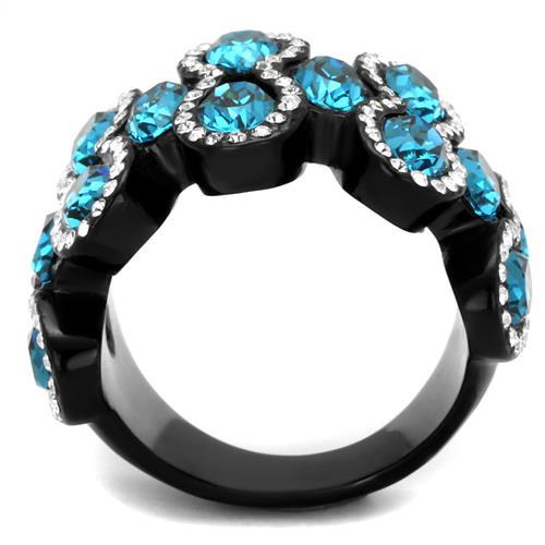 TK2289 - IP Black(Ion Plating) Stainless Steel Ring with Top Grade Crystal  in Aquamarine-2