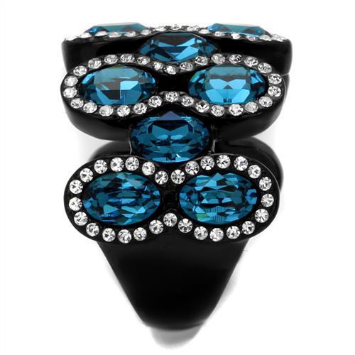 TK2289 - IP Black(Ion Plating) Stainless Steel Ring with Top Grade Crystal  in Aquamarine-3