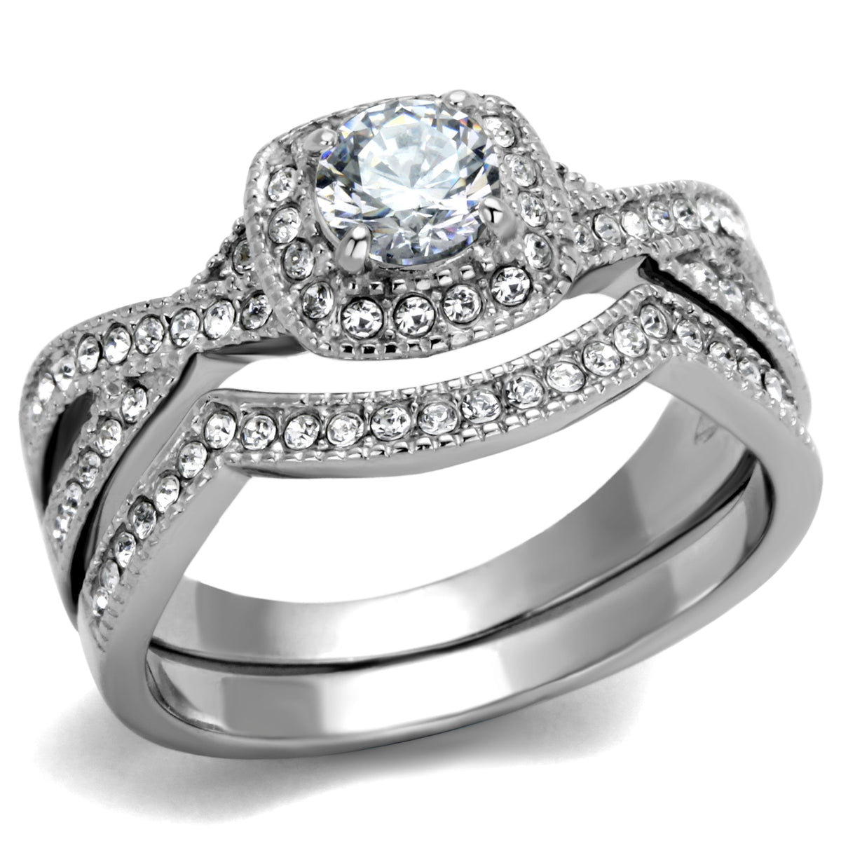 TK2296 - High polished (no plating) Stainless Steel Ring with AAA Grade CZ  in Clear-0