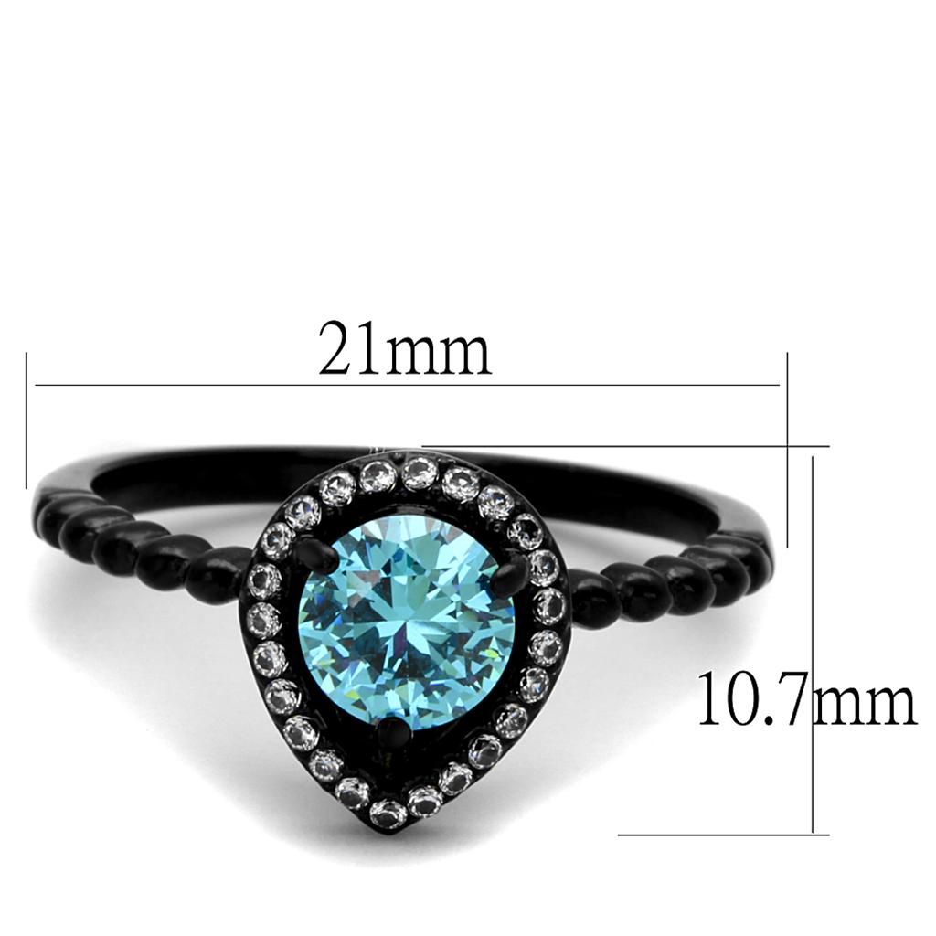 TK2364 - IP Black(Ion Plating) Stainless Steel Ring with AAA Grade CZ  in Sea Blue-1