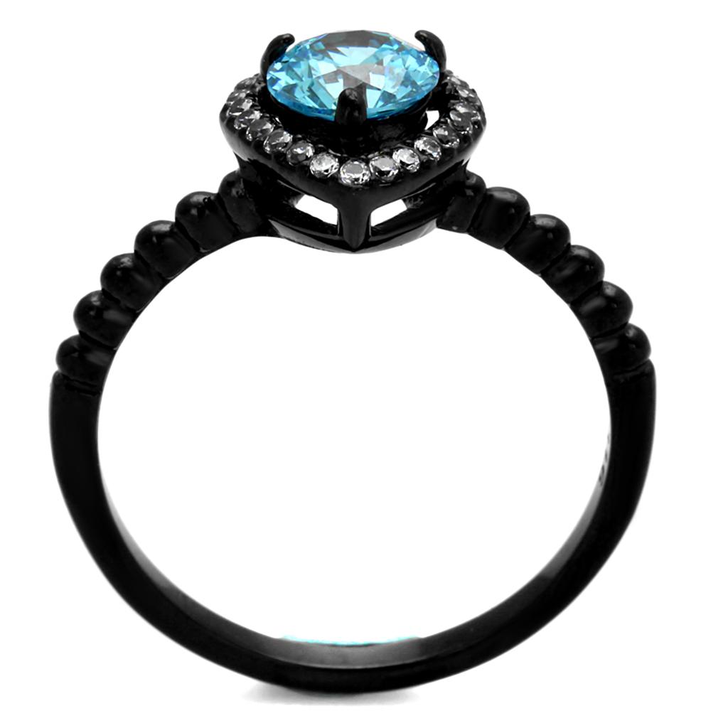 TK2364 - IP Black(Ion Plating) Stainless Steel Ring with AAA Grade CZ  in Sea Blue-2