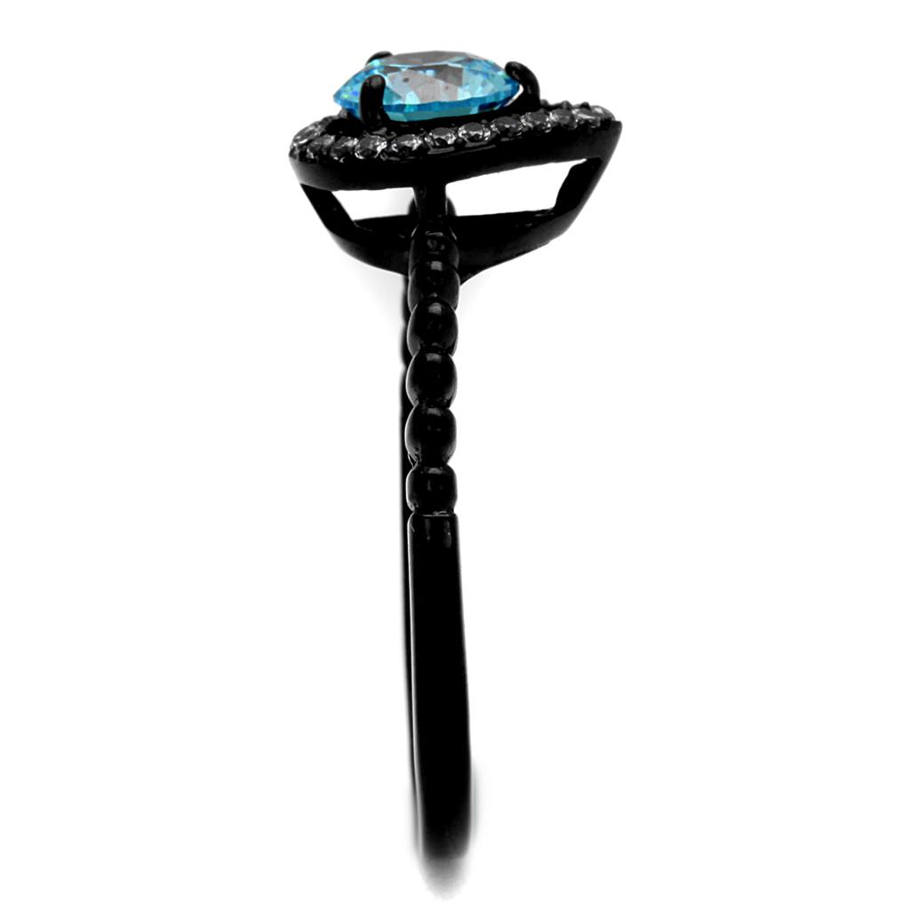 TK2364 - IP Black(Ion Plating) Stainless Steel Ring with AAA Grade CZ  in Sea Blue-3