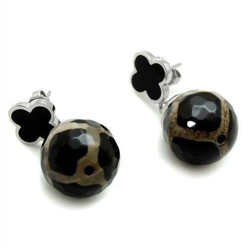 TK2383 - High polished (no plating) Stainless Steel Earrings with Synthetic Onyx in Multi Color-2