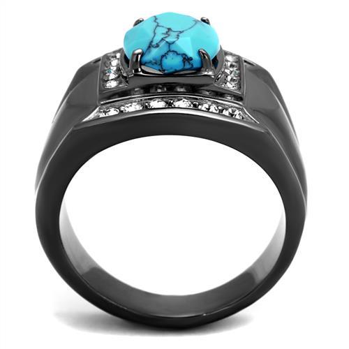 TK2662 - IP Light Black  (IP Gun) Stainless Steel Ring with Synthetic Turquoise in Sea Blue-2